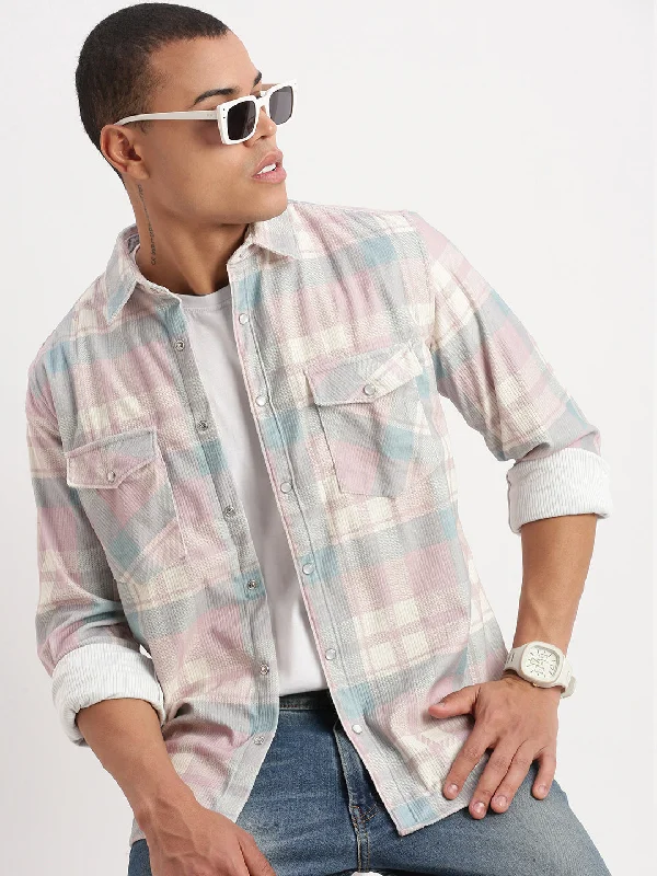 Men's Wrinkle - Resistant Polyester Blend Casual Shirts for Easy Travel and MaintenanceMen Tartan Checks Peach Shirt Men's Wrinkle - Resistant Polyester Blend Casual Shirts for Easy Travel and MaintenanceMen Tartan Checks Peach Shirt