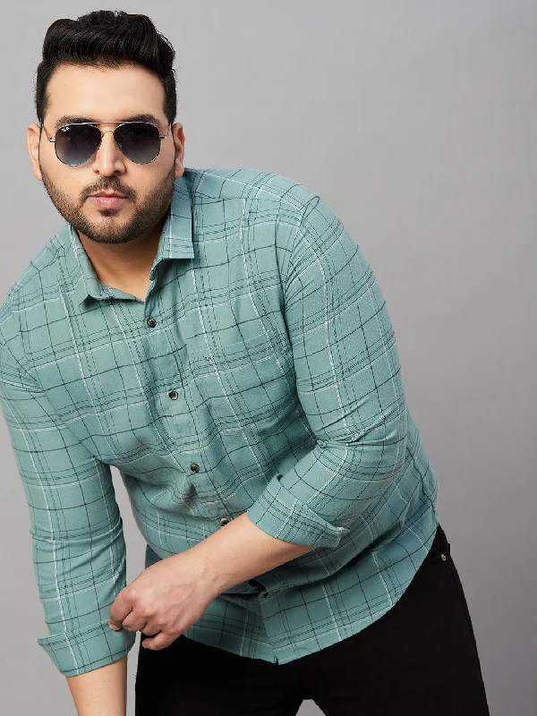 Men's Sustainable Recycled Material Casual Shirts for Eco - Conscious ConsumersMen Spread Collar Checked Sea Green Shirt Men's Sustainable Recycled Material Casual Shirts for Eco - Conscious ConsumersMen Spread Collar Checked Sea Green Shirt