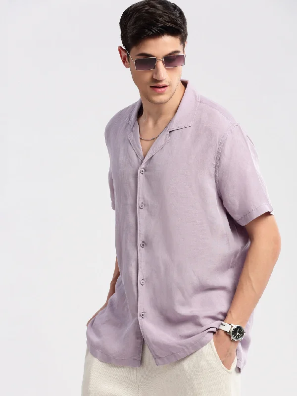 Men's Linen Blend Casual Shirts with Roll - Up Sleeves for a Summer Beach LookMen Cuban Collar Solid Lavender Casual Shirt Men's Linen Blend Casual Shirts with Roll - Up Sleeves for a Summer Beach LookMen Cuban Collar Solid Lavender Casual Shirt