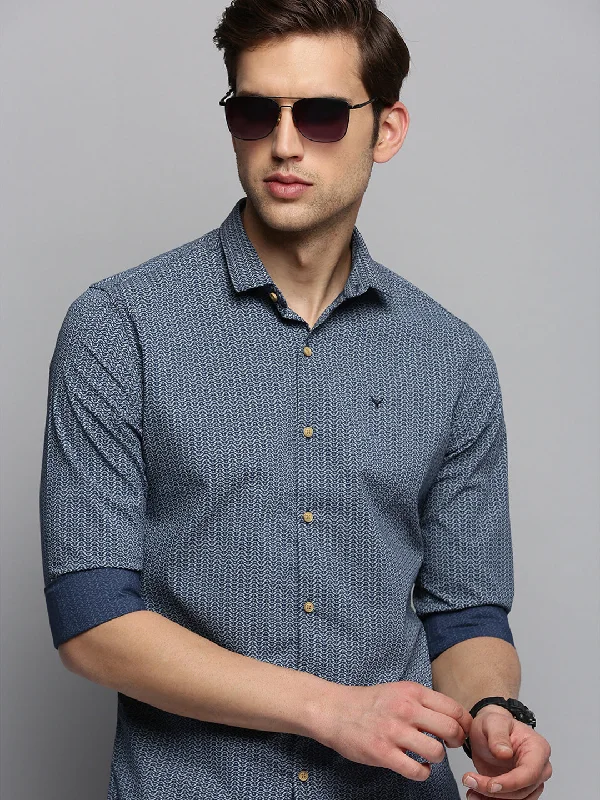 Men's Moisture - Wicking Performance Fabric Casual Shirts for Outdoor ActivitiesMen Spread Collar Printed Navy Blue Shirt Men's Moisture - Wicking Performance Fabric Casual Shirts for Outdoor ActivitiesMen Spread Collar Printed Navy Blue Shirt