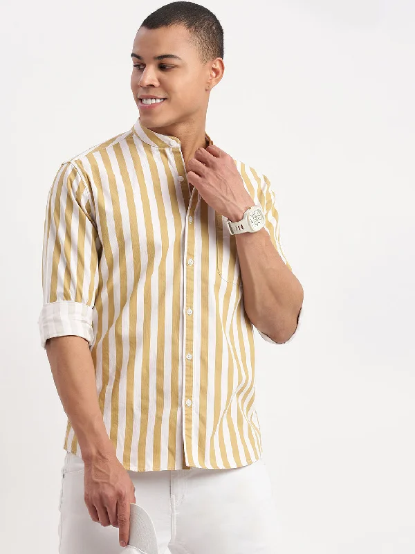 Men's Embroidered Detail Casual Shirts in Beige for a Touch of EleganceMen Mandarin Collar Vertical Stripes Khaki Shirt Men's Embroidered Detail Casual Shirts in Beige for a Touch of EleganceMen Mandarin Collar Vertical Stripes Khaki Shirt