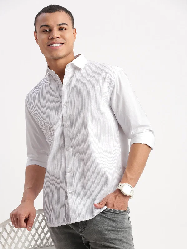 Men's Sustainable Recycled Material Casual Shirts for Eco - Conscious ConsumersMen Vertical Stripes White Shirt Men's Sustainable Recycled Material Casual Shirts for Eco - Conscious ConsumersMen Vertical Stripes White Shirt