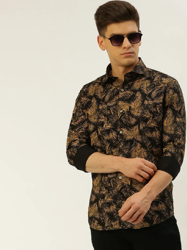 Plus Size Men's Striped Chambray Casual Shirts with a Spread Collar for a Preppy AppearanceMen Spread Collar Printed Black Shirt Plus Size Men's Striped Chambray Casual Shirts with a Spread Collar for a Preppy AppearanceMen Spread Collar Printed Black Shirt