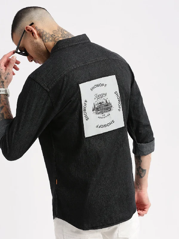 Men's Moisture - Wicking Performance Fabric Casual Shirts for Outdoor ActivitiesMen Spread Collar Denim Solid Black Casual Shirt Men's Moisture - Wicking Performance Fabric Casual Shirts for Outdoor ActivitiesMen Spread Collar Denim Solid Black Casual Shirt