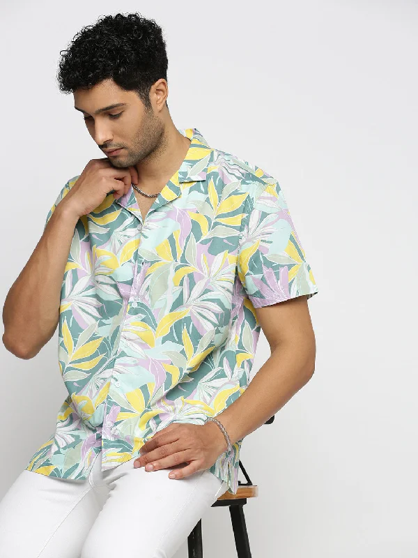 Men's Organic Cotton Casual Shirts with a Soft Handfeel for Everyday ComfortMen Sea Green Cuban Collar Floral Shirt Men's Organic Cotton Casual Shirts with a Soft Handfeel for Everyday ComfortMen Sea Green Cuban Collar Floral Shirt