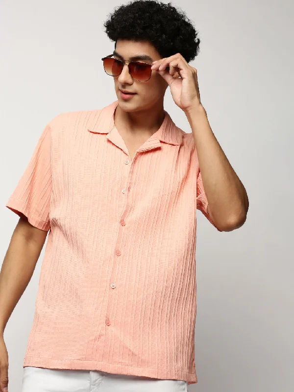 Men's Wrinkle - Resistant Polyester Blend Casual Shirts for Easy Travel and MaintenanceMen Peach Striped Shirt Men's Wrinkle - Resistant Polyester Blend Casual Shirts for Easy Travel and MaintenanceMen Peach Striped Shirt