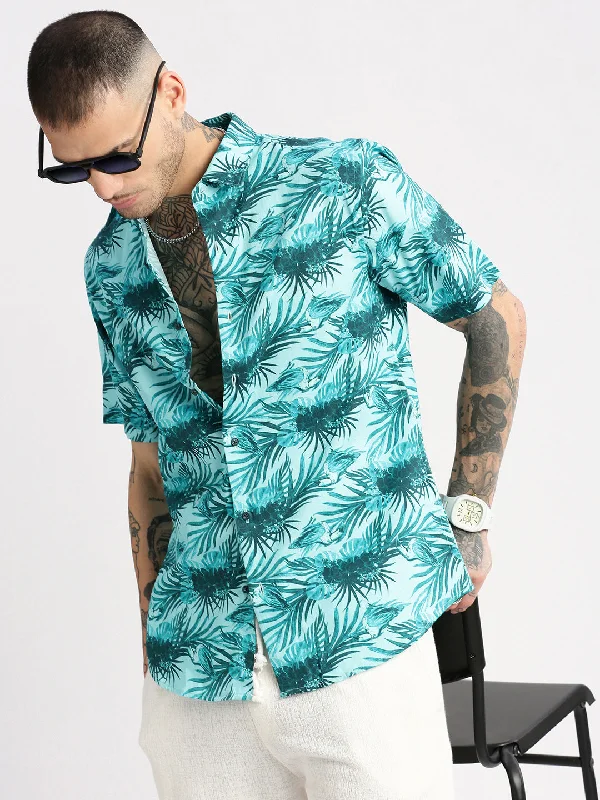 Men's Graphic - Printed Casual Shirts with Pop - Culture References for a Fun and Stylish LookMen Spread Collar Floral Turquoise Blue Casual Shirt