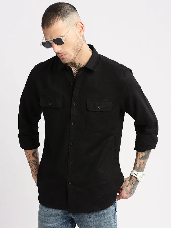 Men's Wrinkle - Resistant Polyester Blend Casual Shirts for Easy Travel and MaintenanceMen Spread Collar Solid Black Casual Shirt Men's Wrinkle - Resistant Polyester Blend Casual Shirts for Easy Travel and MaintenanceMen Spread Collar Solid Black Casual Shirt