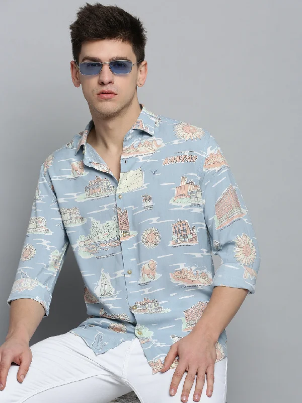 Men's Thermal - Lined Casual Shirts in Black for Added Warmth in Cold WeatherMen Blue Printed Casual Shirt Men's Thermal - Lined Casual Shirts in Black for Added Warmth in Cold WeatherMen Blue Printed Casual Shirt