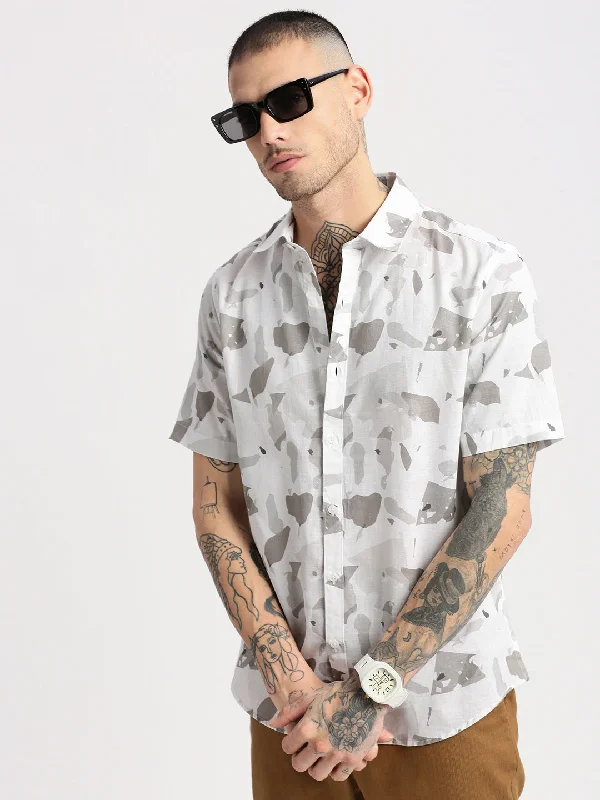 Men's Short - Sleeve Linen Casual Shirts in Light Khaki for a Breathable Summer OptionMen Spread Collar Abstract White Casual Shirt Men's Short - Sleeve Linen Casual Shirts in Light Khaki for a Breathable Summer OptionMen Spread Collar Abstract White Casual Shirt