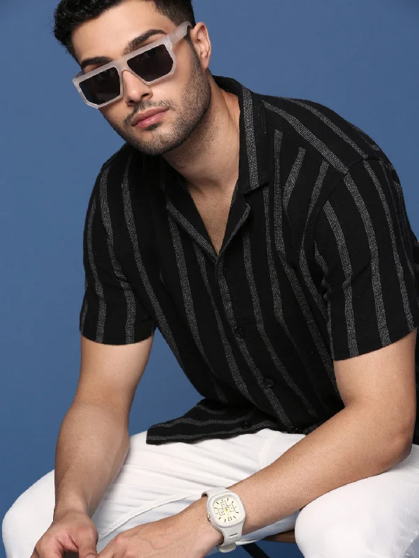 Men's Moisture - Wicking Performance Fabric Casual Shirts for Outdoor ActivitiesMen Cuban Collar Striped Black Relaxed Fit Shirt Men's Moisture - Wicking Performance Fabric Casual Shirts for Outdoor ActivitiesMen Cuban Collar Striped Black Relaxed Fit Shirt