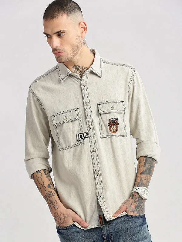 Men's Slim - Fit Printed Floral Casual Shirts in Pastel Colors for a Spring - Inspired VibeMen Spread Collar Denim Solid Cream Casual Shirt Men's Slim - Fit Printed Floral Casual Shirts in Pastel Colors for a Spring - Inspired VibeMen Spread Collar Denim Solid Cream Casual Shirt
