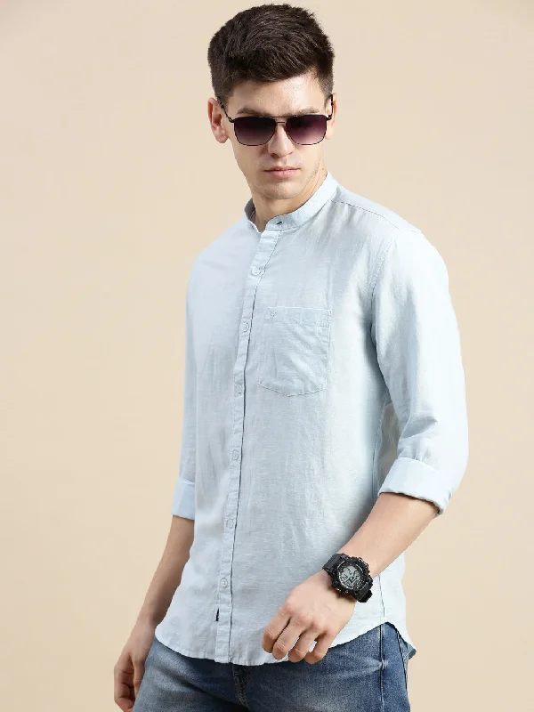 Men's Sustainable Recycled Material Casual Shirts for Eco - Conscious ConsumersMen Mandarin Collar Solid Blue Shirt Men's Sustainable Recycled Material Casual Shirts for Eco - Conscious ConsumersMen Mandarin Collar Solid Blue Shirt