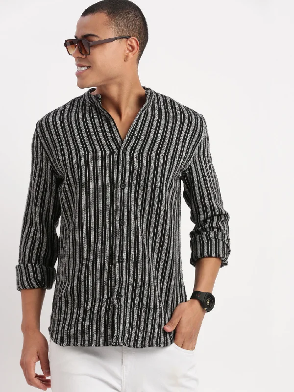 Men's Organic Cotton Casual Shirts with a Soft Handfeel for Everyday ComfortMen Mandarin Collar Striped Black Shirt Men's Organic Cotton Casual Shirts with a Soft Handfeel for Everyday ComfortMen Mandarin Collar Striped Black Shirt