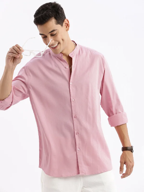 Men's Stretch - Fabric Casual Shirts in Navy Blue for a Comfortable and Flexible FitMen Mandarin Collar Solid Slim Fit Pink Shirt Men's Stretch - Fabric Casual Shirts in Navy Blue for a Comfortable and Flexible FitMen Mandarin Collar Solid Slim Fit Pink Shirt