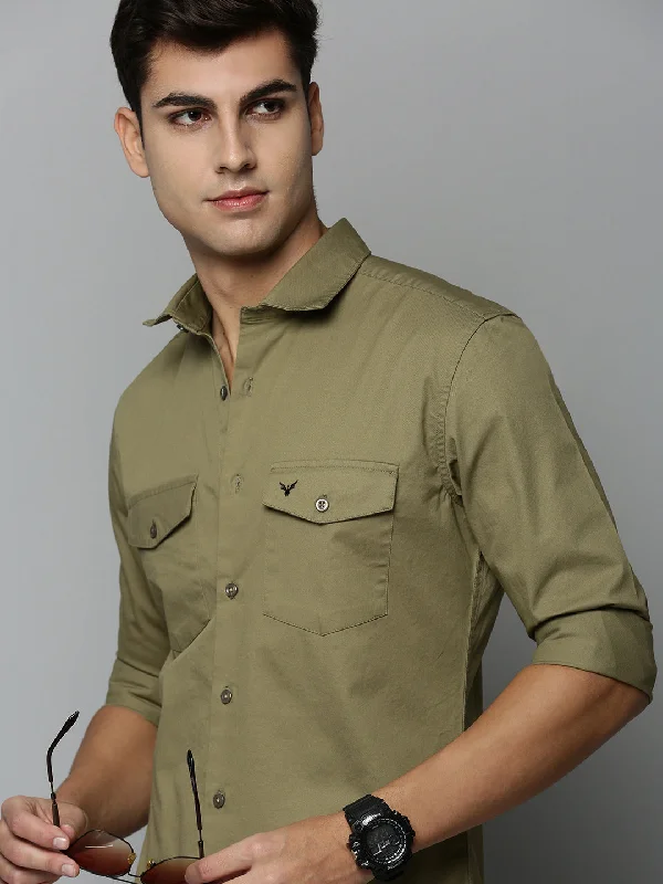 Men's Shearling - Lined Collar Casual Shirts in Brown for a Rustic and Warm AppealMen Green Solid Casual Shirt