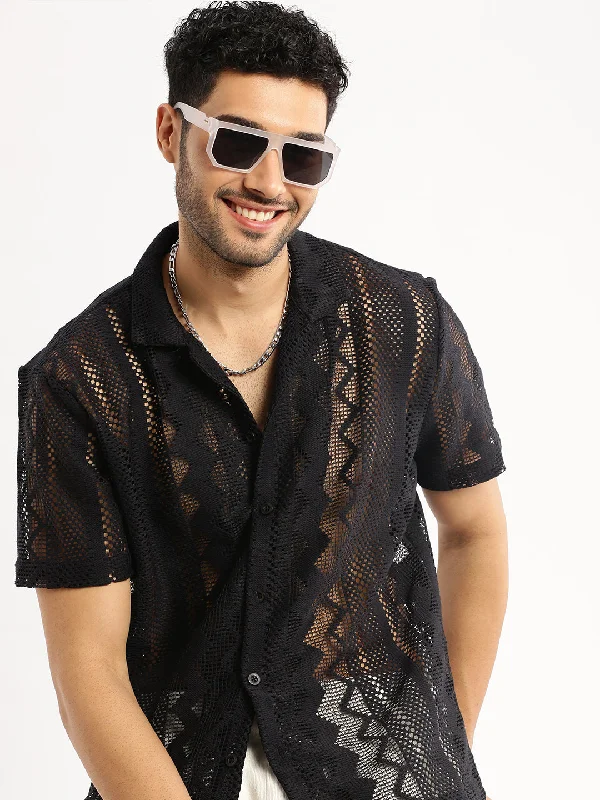 Men's Button - Down Oxford Casual Shirts in Crisp White for a Classic and Versatile StyleMen Black Cuban Collar Solid Crochet Shirt Men's Button - Down Oxford Casual Shirts in Crisp White for a Classic and Versatile StyleMen Black Cuban Collar Solid Crochet Shirt
