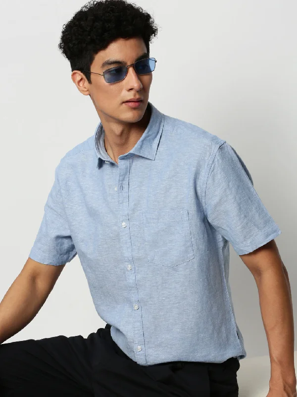 Men's Linen Blend Casual Shirts with Roll - Up Sleeves for a Summer Beach LookMen Blue Solid Casual Casual Shirts Men's Linen Blend Casual Shirts with Roll - Up Sleeves for a Summer Beach LookMen Blue Solid Casual Casual Shirts