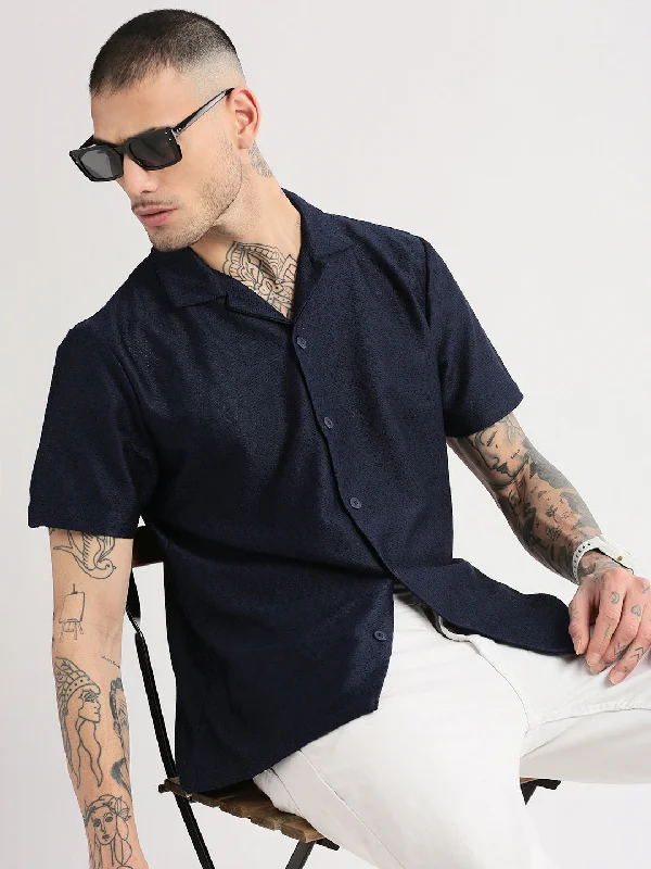 Men's Two - Tone Contrast Panel Casual Shirts in White and Navy for a Stylish and Eye - Catching DesignMen Cuban Collar Solid Navy Blue Crochet Shirt Men's Two - Tone Contrast Panel Casual Shirts in White and Navy for a Stylish and Eye - Catching DesignMen Cuban Collar Solid Navy Blue Crochet Shirt