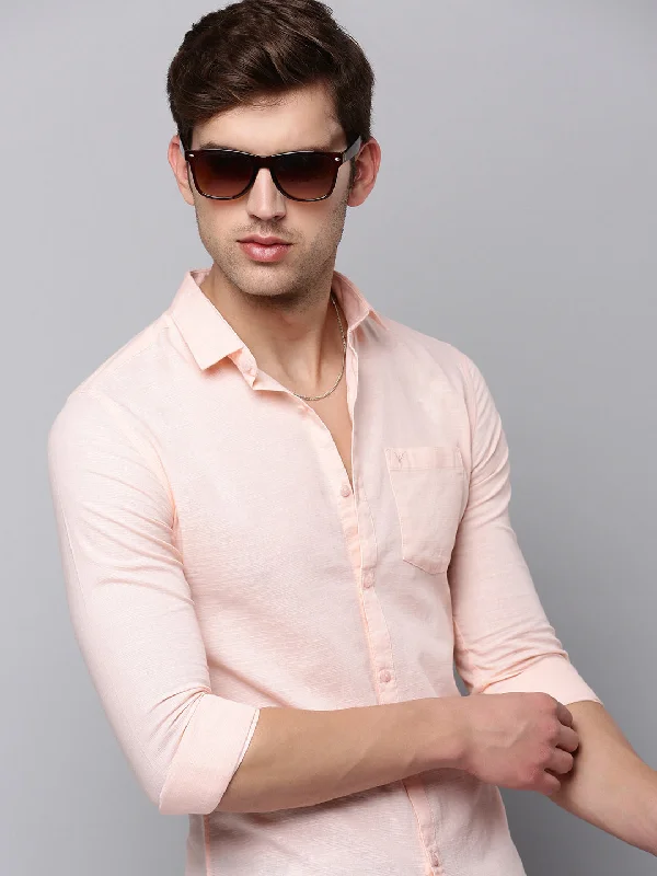 Men's Embroidered Detail Casual Shirts in Beige for a Touch of EleganceMen Peach Solid Casual Shirt Men's Embroidered Detail Casual Shirts in Beige for a Touch of EleganceMen Peach Solid Casual Shirt