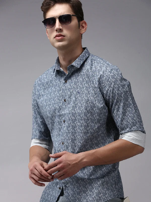 Men's Distressed Denim Casual Shirts with Frayed Edges for a Trendy and Rugged LookMen Blue Printed Casual Shirt Men's Distressed Denim Casual Shirts with Frayed Edges for a Trendy and Rugged LookMen Blue Printed Casual Shirt