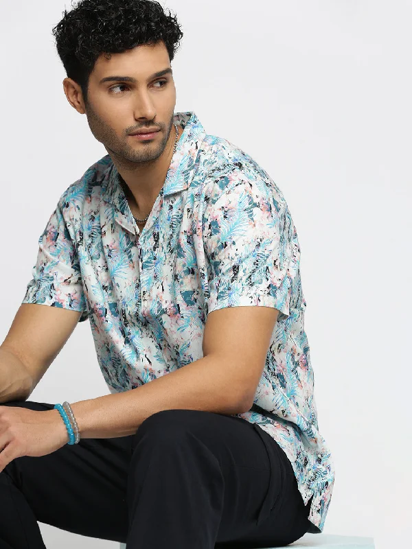 Plus Size Men's Striped Chambray Casual Shirts with a Spread Collar for a Preppy AppearanceMen Blue Cuban Collar Abstract Shirt Plus Size Men's Striped Chambray Casual Shirts with a Spread Collar for a Preppy AppearanceMen Blue Cuban Collar Abstract Shirt