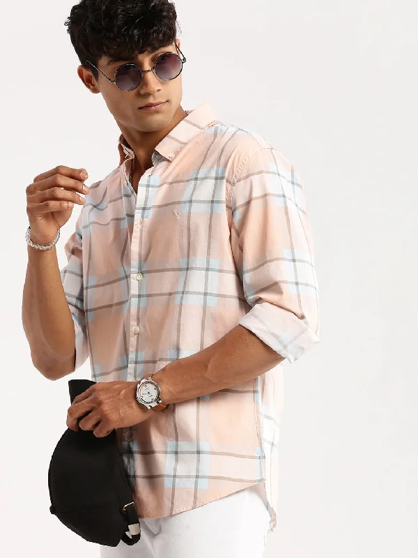 Men's Thermal - Lined Casual Shirts in Black for Added Warmth in Cold WeatherMen Peach Spread Collar Windowpane Checks Shirt Men's Thermal - Lined Casual Shirts in Black for Added Warmth in Cold WeatherMen Peach Spread Collar Windowpane Checks Shirt
