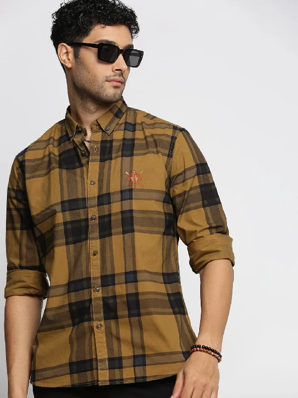 Men's Embroidered Detail Casual Shirts in Beige for a Touch of EleganceMen Mustard Spread Collar Tartan Checks Shirt Men's Embroidered Detail Casual Shirts in Beige for a Touch of EleganceMen Mustard Spread Collar Tartan Checks Shirt