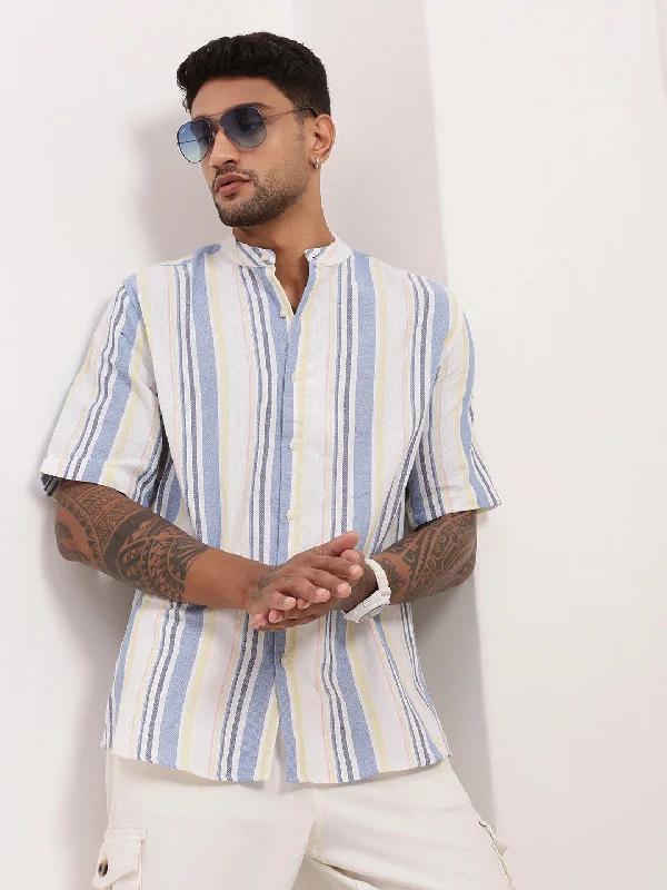 Men's Retro - Style Hawaiian Print Casual Shirts in Bold Patterns for a Tropical VacationMen Blue Striped Slim Fit Shirt Men's Retro - Style Hawaiian Print Casual Shirts in Bold Patterns for a Tropical VacationMen Blue Striped Slim Fit Shirt