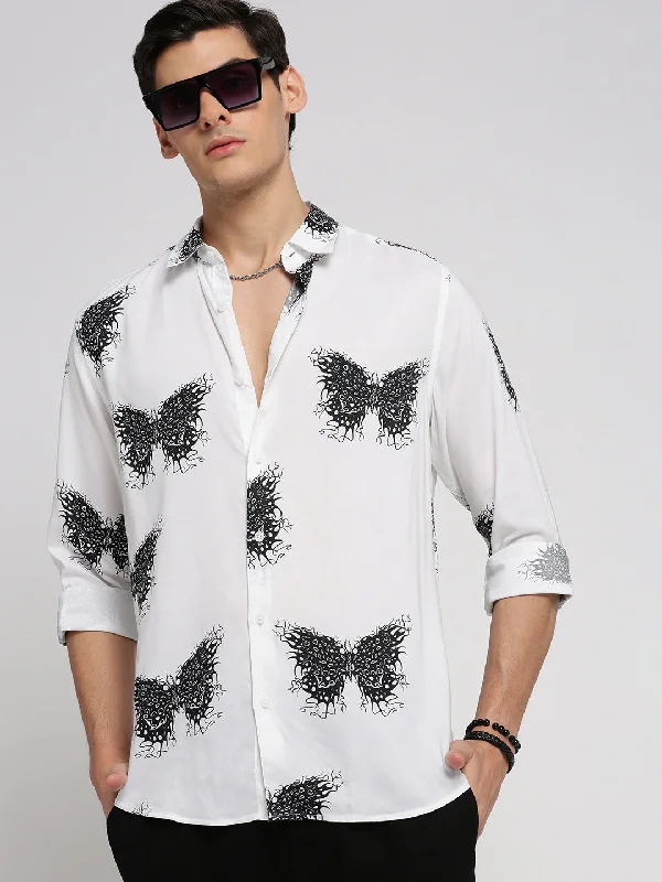 Men's Long - Line Oversized Casual Shirts in Dark Gray for a Relaxed and Modern LookMen White Spread Collar Graphic Shirt Men's Long - Line Oversized Casual Shirts in Dark Gray for a Relaxed and Modern LookMen White Spread Collar Graphic Shirt