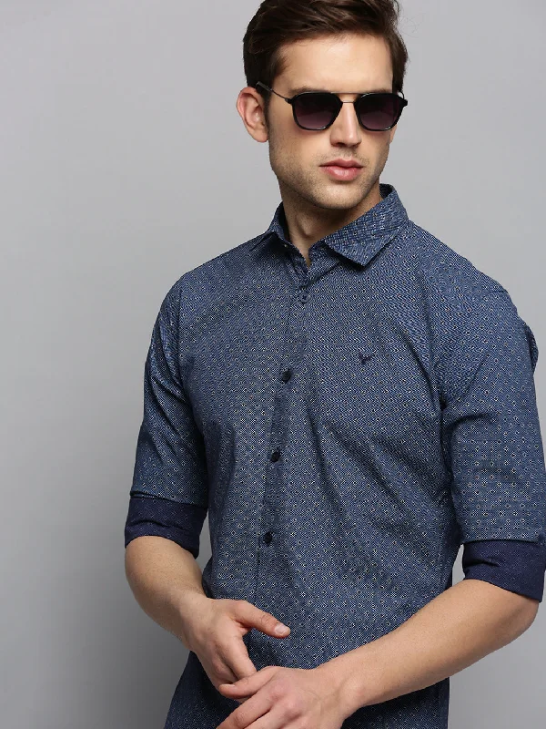 Men's Wrinkle - Resistant Polyester Blend Casual Shirts for Easy Travel and MaintenanceMen Spread Collar Printed Navy Blue Shirt Men's Wrinkle - Resistant Polyester Blend Casual Shirts for Easy Travel and MaintenanceMen Spread Collar Printed Navy Blue Shirt