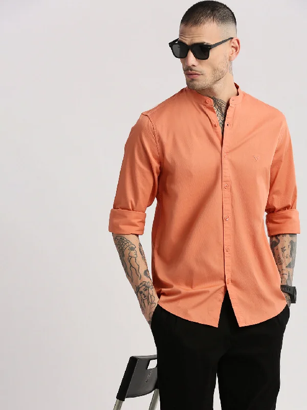 Men's Thermal - Lined Casual Shirts in Black for Added Warmth in Cold WeatherMen Mandarin Collar Solid Orange Casual Shirt Men's Thermal - Lined Casual Shirts in Black for Added Warmth in Cold WeatherMen Mandarin Collar Solid Orange Casual Shirt