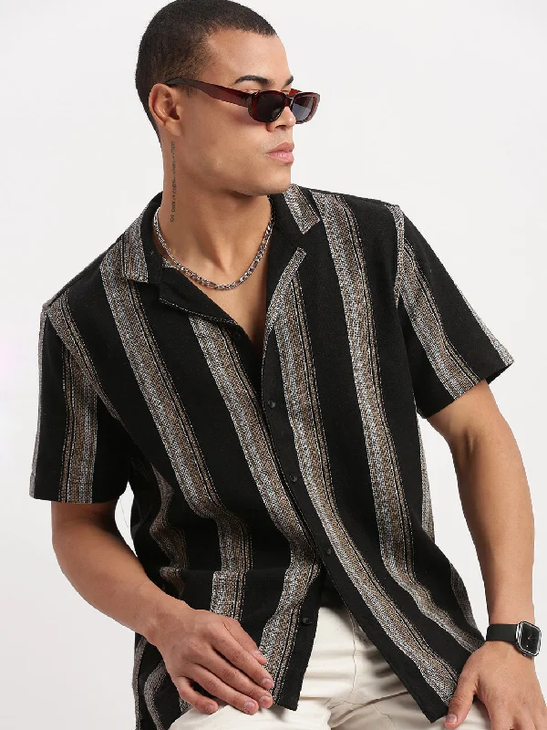 Men's Tailored Fit Checkered Casual Shirts in Multicolor for a Smart - Casual EnsembleMen Cuban Collar Vertical Stripes Black Shirt Men's Tailored Fit Checkered Casual Shirts in Multicolor for a Smart - Casual EnsembleMen Cuban Collar Vertical Stripes Black Shirt
