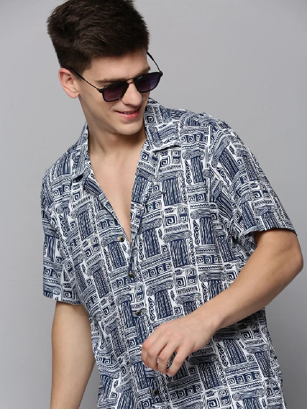 Men's Linen Blend Casual Shirts with Roll - Up Sleeves for a Summer Beach LookMen White Printed Casual Shirt Men's Linen Blend Casual Shirts with Roll - Up Sleeves for a Summer Beach LookMen White Printed Casual Shirt