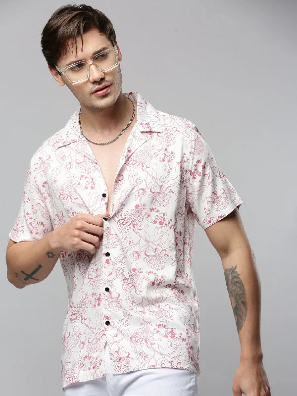 Men's Embroidered Detail Casual Shirts in Beige for a Touch of EleganceMen White Printed Casual Shirt Men's Embroidered Detail Casual Shirts in Beige for a Touch of EleganceMen White Printed Casual Shirt