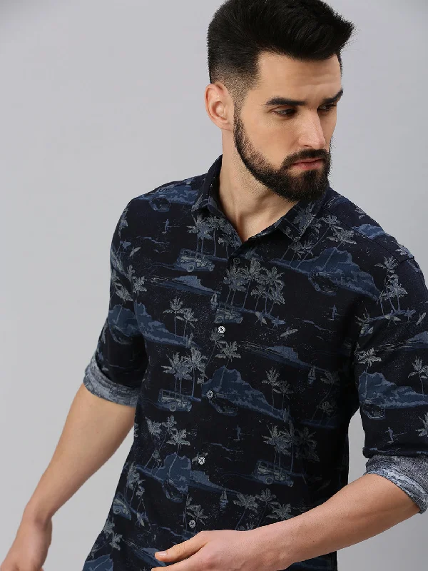 Men's Moisture - Wicking Performance Fabric Casual Shirts for Outdoor ActivitiesMen Navy Blue Printed Casual Shirt Men's Moisture - Wicking Performance Fabric Casual Shirts for Outdoor ActivitiesMen Navy Blue Printed Casual Shirt