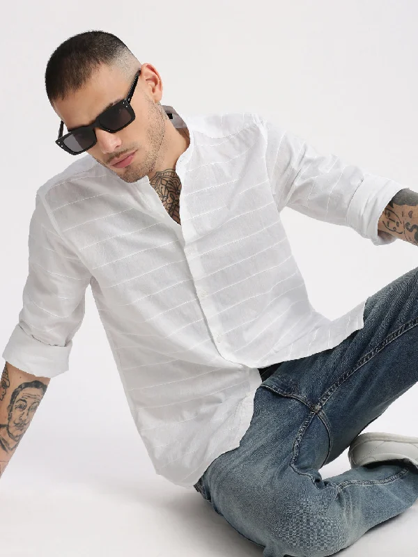 Men's Graphic - Printed Casual Shirts with Pop - Culture References for a Fun and Stylish LookMen Mandarin Collar Horizontal Stripes White Casual Shirt Men's Graphic - Printed Casual Shirts with Pop - Culture References for a Fun and Stylish LookMen Mandarin Collar Horizontal Stripes White Casual Shirt