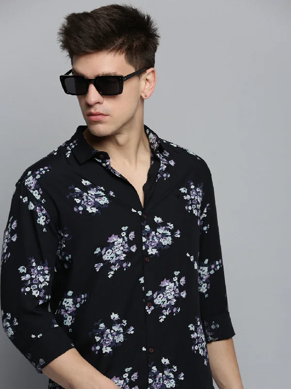 Men's Two - Tone Contrast Panel Casual Shirts in White and Navy for a Stylish and Eye - Catching DesignMen Black Printed Casual Shirt Men's Two - Tone Contrast Panel Casual Shirts in White and Navy for a Stylish and Eye - Catching DesignMen Black Printed Casual Shirt