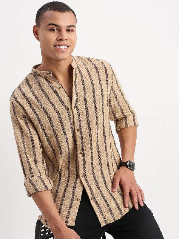 Men's Two - Tone Contrast Panel Casual Shirts in White and Navy for a Stylish and Eye - Catching DesignMen Mandarin Collar Vertical Stripes Beige Shirt Men's Two - Tone Contrast Panel Casual Shirts in White and Navy for a Stylish and Eye - Catching DesignMen Mandarin Collar Vertical Stripes Beige Shirt