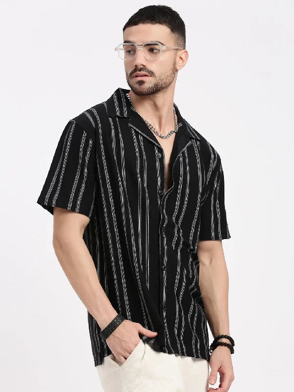 Men's Short - Sleeve Linen Casual Shirts in Light Khaki for a Breathable Summer OptionMen Black Cuban Collar Striped Shirt Men's Short - Sleeve Linen Casual Shirts in Light Khaki for a Breathable Summer OptionMen Black Cuban Collar Striped Shirt