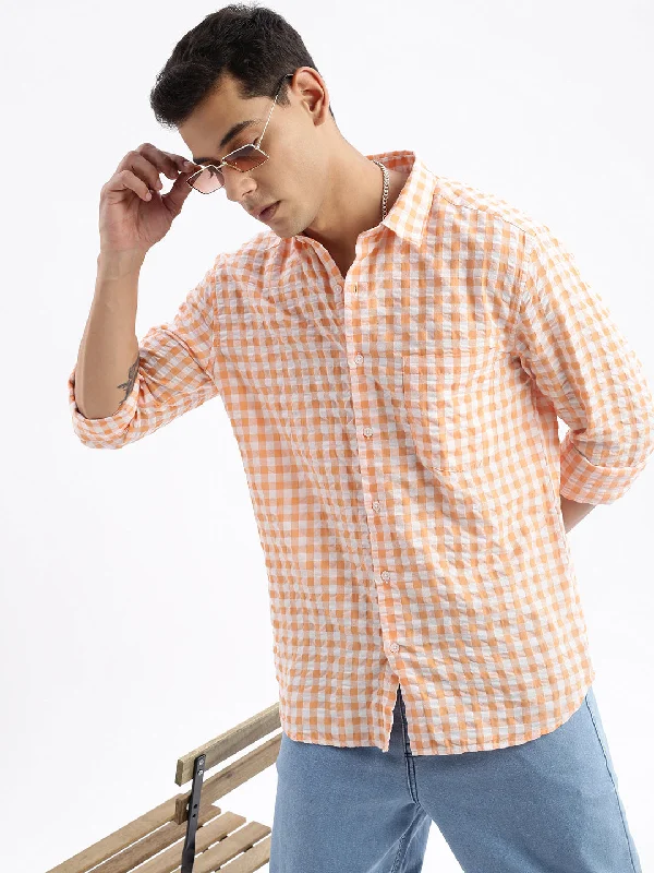 Men's Long - Line Oversized Casual Shirts in Dark Gray for a Relaxed and Modern LookMen Spread Collar Checked Slim Fit Orange Shirt Men's Long - Line Oversized Casual Shirts in Dark Gray for a Relaxed and Modern LookMen Spread Collar Checked Slim Fit Orange Shirt