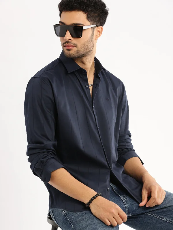 Plus Size Men's Striped Chambray Casual Shirts with a Spread Collar for a Preppy AppearanceMen Navy Blue Spread Collar Vertical Stripes Shirt Plus Size Men's Striped Chambray Casual Shirts with a Spread Collar for a Preppy AppearanceMen Navy Blue Spread Collar Vertical Stripes Shirt