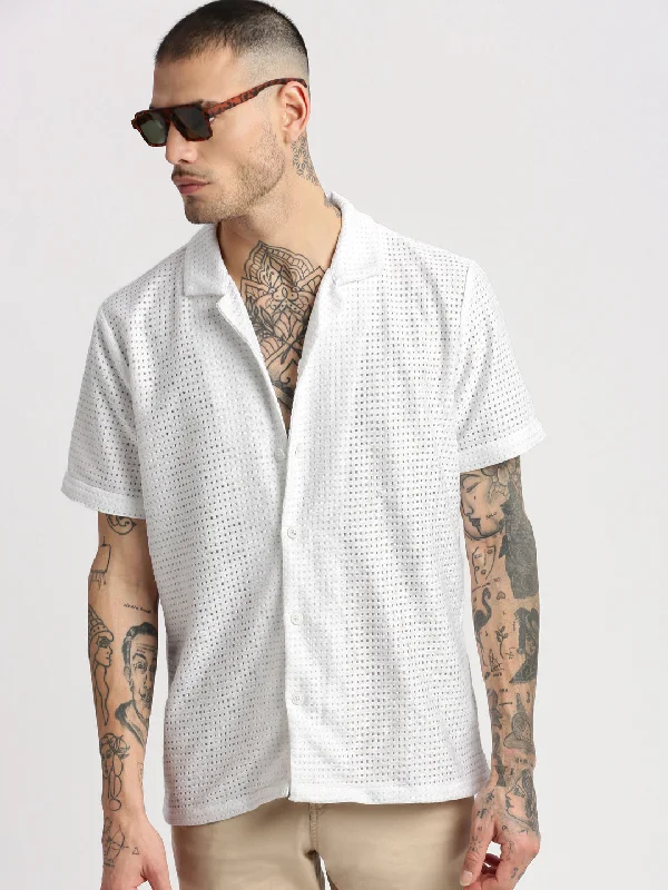 Men's Long - Line Oversized Casual Shirts in Dark Gray for a Relaxed and Modern LookMen Cuban Collar Solid White Crochet Shirt Men's Long - Line Oversized Casual Shirts in Dark Gray for a Relaxed and Modern LookMen Cuban Collar Solid White Crochet Shirt