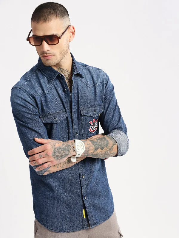 Men's Slim - Fit Printed Floral Casual Shirts in Pastel Colors for a Spring - Inspired VibeMen Spread Collar Denim Solid Navy Blue Casual Shirt Men's Slim - Fit Printed Floral Casual Shirts in Pastel Colors for a Spring - Inspired VibeMen Spread Collar Denim Solid Navy Blue Casual Shirt