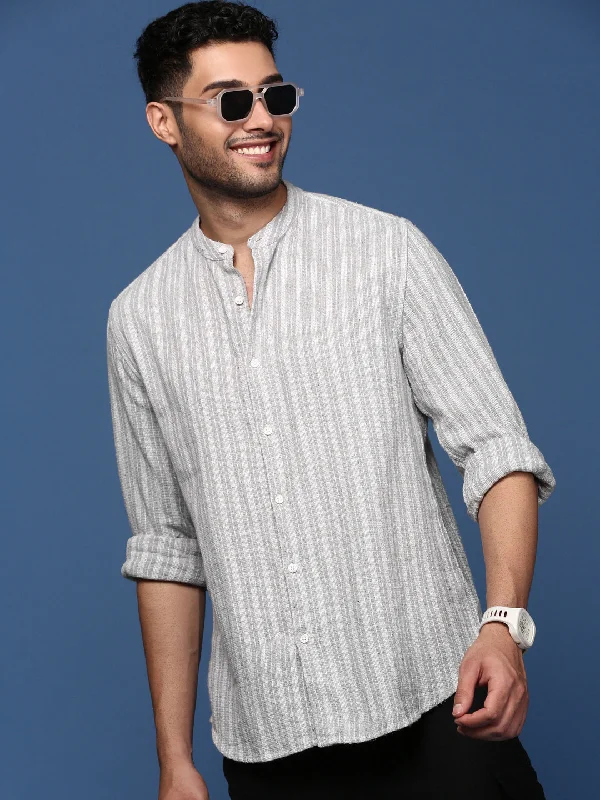 Men's Distressed Denim Casual Shirts with Frayed Edges for a Trendy and Rugged LookMen Mandarin Collar Striped Grey Slim Fit Shirt Men's Distressed Denim Casual Shirts with Frayed Edges for a Trendy and Rugged LookMen Mandarin Collar Striped Grey Slim Fit Shirt