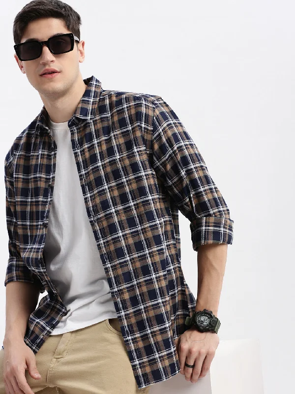 Men's Short - Sleeve Linen Casual Shirts in Light Khaki for a Breathable Summer OptionMen Spread Collar Tartan Checks Navy Blue Shirt Men's Short - Sleeve Linen Casual Shirts in Light Khaki for a Breathable Summer OptionMen Spread Collar Tartan Checks Navy Blue Shirt