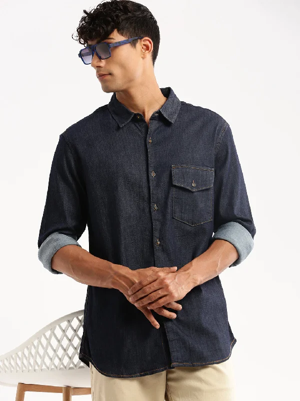 Men's Wrinkle - Resistant Polyester Blend Casual Shirts for Easy Travel and MaintenanceMen Navy Blue Spread Collar Solid Shirt Men's Wrinkle - Resistant Polyester Blend Casual Shirts for Easy Travel and MaintenanceMen Navy Blue Spread Collar Solid Shirt
