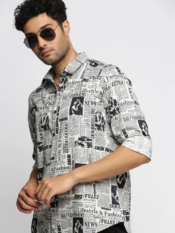 Plus Size Men's Striped Chambray Casual Shirts with a Spread Collar for a Preppy AppearanceMen Off White Spread Collar Typography Shirt Plus Size Men's Striped Chambray Casual Shirts with a Spread Collar for a Preppy AppearanceMen Off White Spread Collar Typography Shirt