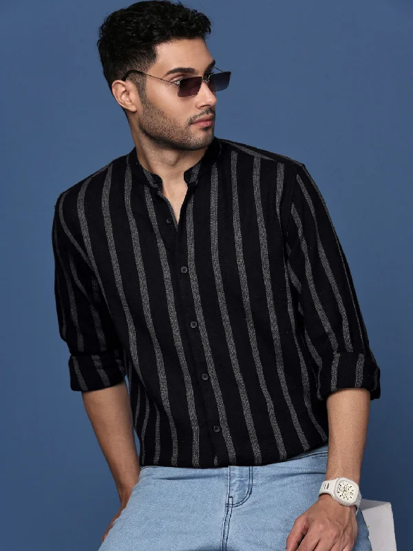Men's Two - Tone Contrast Panel Casual Shirts in White and Navy for a Stylish and Eye - Catching DesignMen Mandarin Collar Striped Black Slim Fit Shirt Men's Two - Tone Contrast Panel Casual Shirts in White and Navy for a Stylish and Eye - Catching DesignMen Mandarin Collar Striped Black Slim Fit Shirt