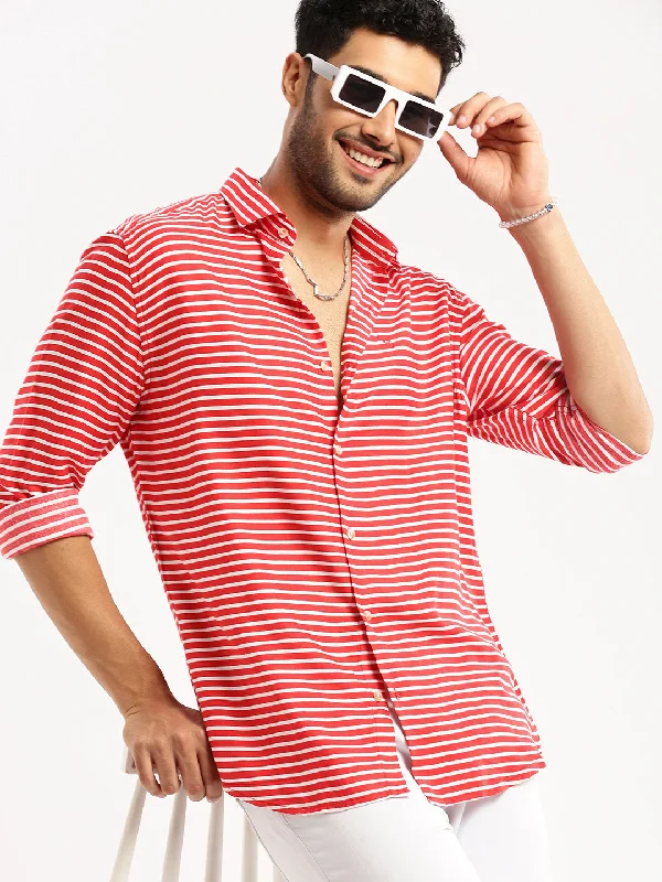 Men's Moisture - Wicking Performance Fabric Casual Shirts for Outdoor ActivitiesMen Red Spread Collar Horizontal Stripes Shirt Men's Moisture - Wicking Performance Fabric Casual Shirts for Outdoor ActivitiesMen Red Spread Collar Horizontal Stripes Shirt